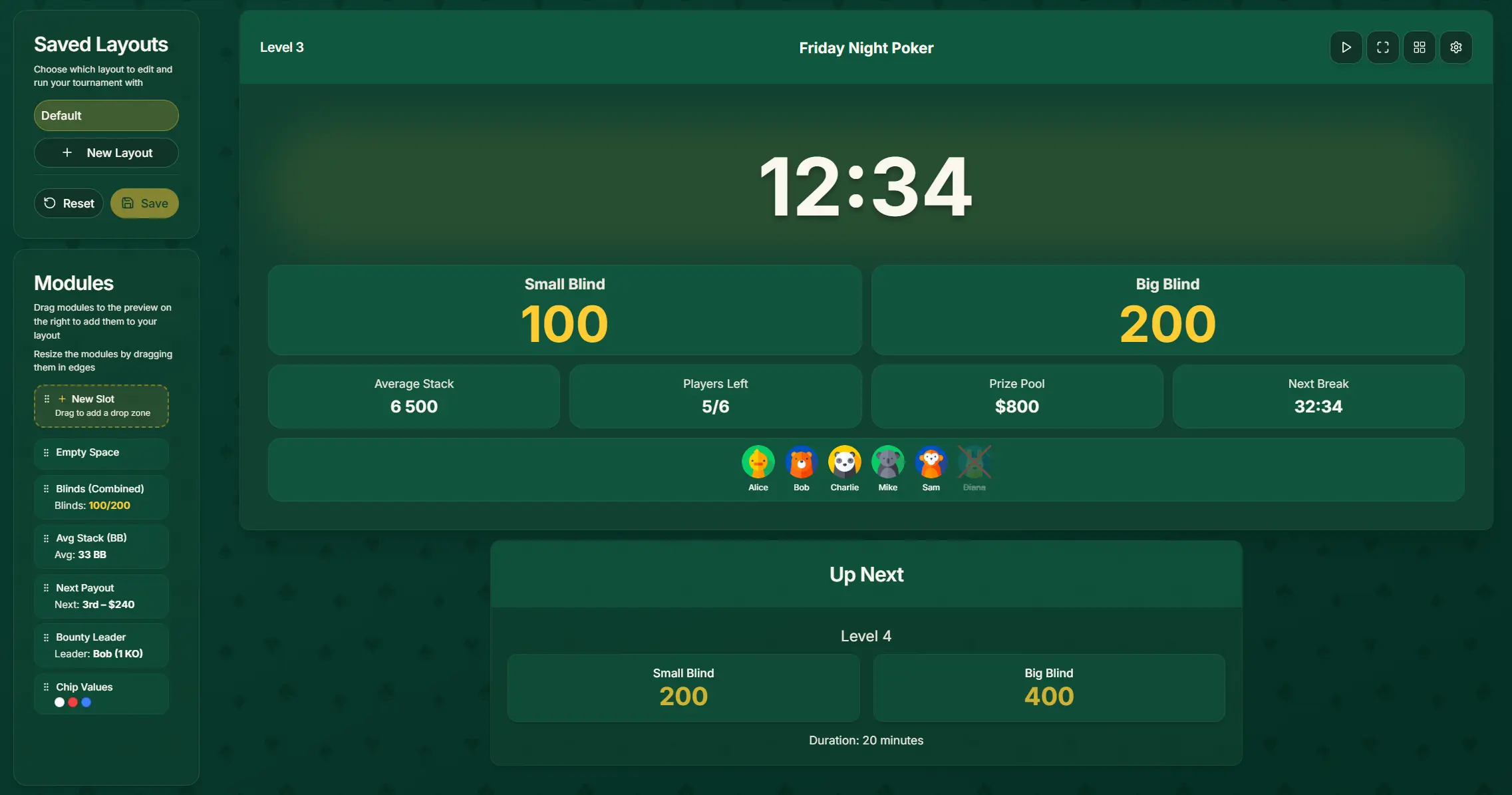 Chip Challenger Poker Display Layout Editor Interface